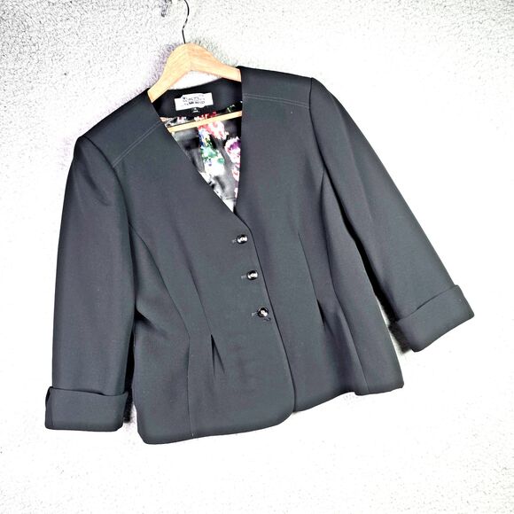 Tahari Arthur S Levine Black Floral Lined Blazer Jacket 14 Boxy Career Modern - Picture 15 of 15